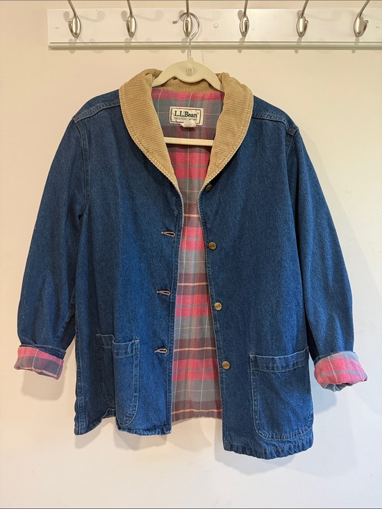 L.L. Bean Jackets & Blazers - L.L. Bean Blue Denim Jacket with Tan Corduroy Collar and Pink Plaid Lining